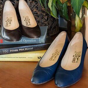 Salvatore Ferragamo Leather Pumps Bundle | Brown + Navy | Made in Italy 9 AAAA
